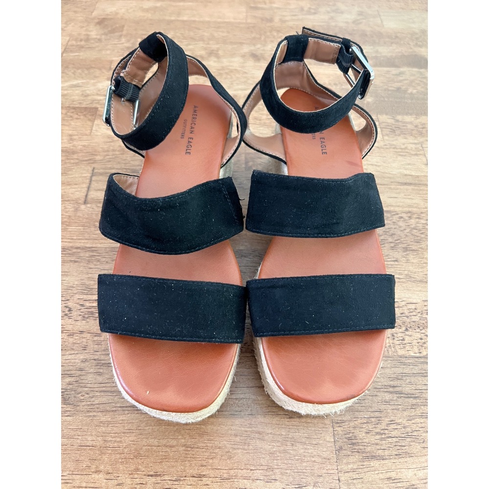 American Eagle Black Espadrille Platform Wedge Sandals Ankle Strap Womens 6M
